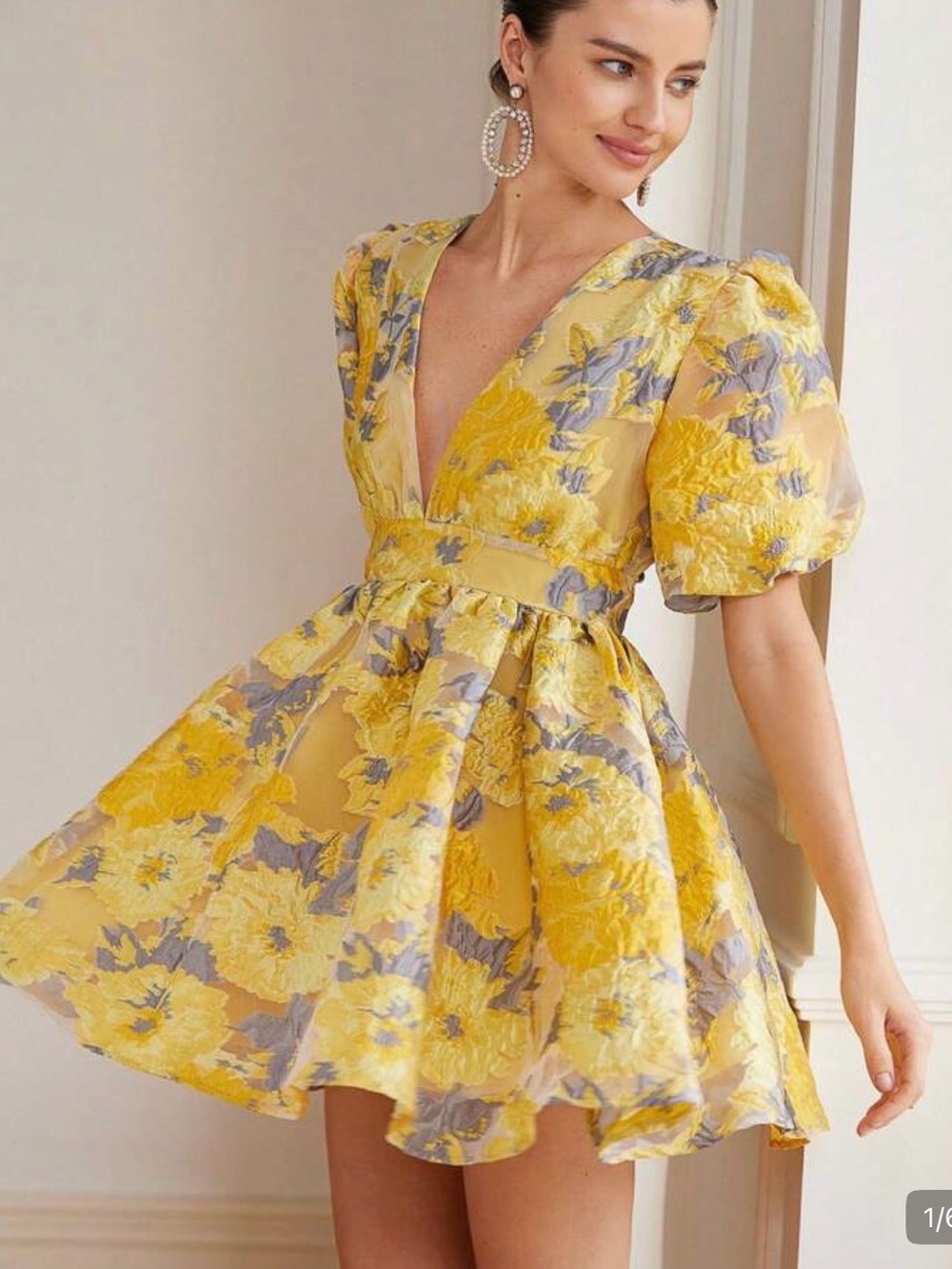Yellow Floral Puff-Sleeve V-Neck Mini Dress